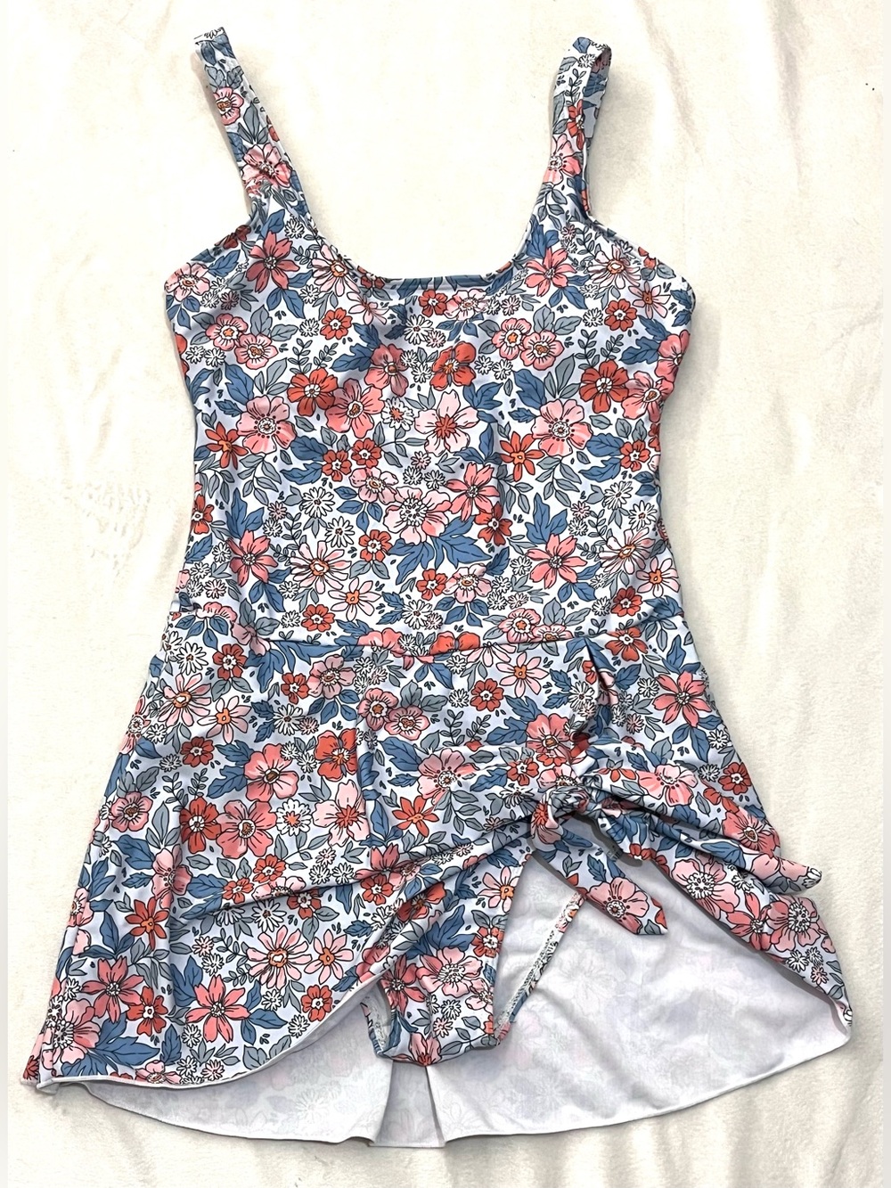 One Piece Swimsuit Floral Scoop Neck Swim Dress in Blue Pink & White with Tie